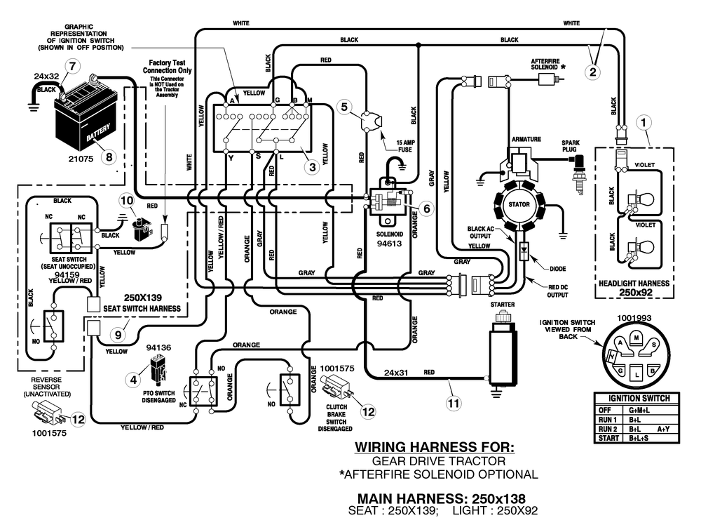 Electrical System Diagram and Parts List for 405011X92C 2005 Briggs and Stratton Lawn Tractor